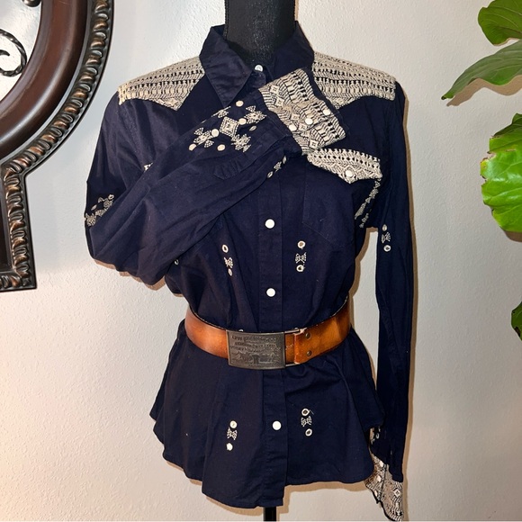 Ralph Lauren Denim & Supply Women’s Western Navy Blue 100% Cotton VTG Blouse XL - Picture 15 of 16